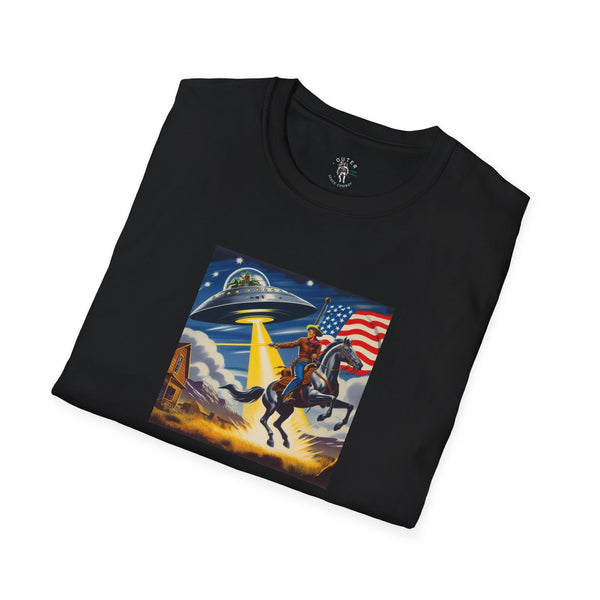 Black T-shirt with cosmic cowboy graphic on the chest, folded
