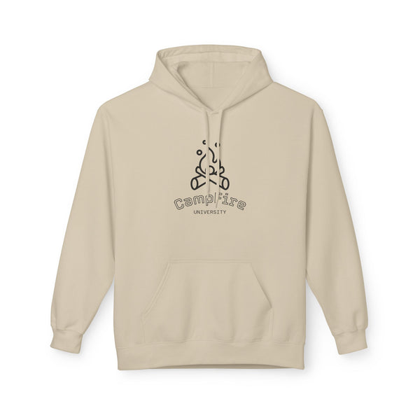 Beige hoodie with front Campfire University logo and drawstring hood