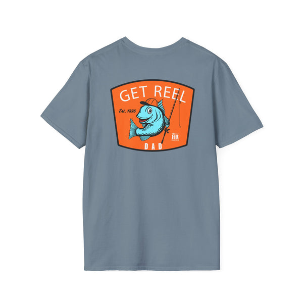 Slate blue western graphic T-shirt with “GET REEL DAD” front print