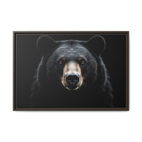 Framed canvas wall art showing a black bear portrait with detailed fur texture