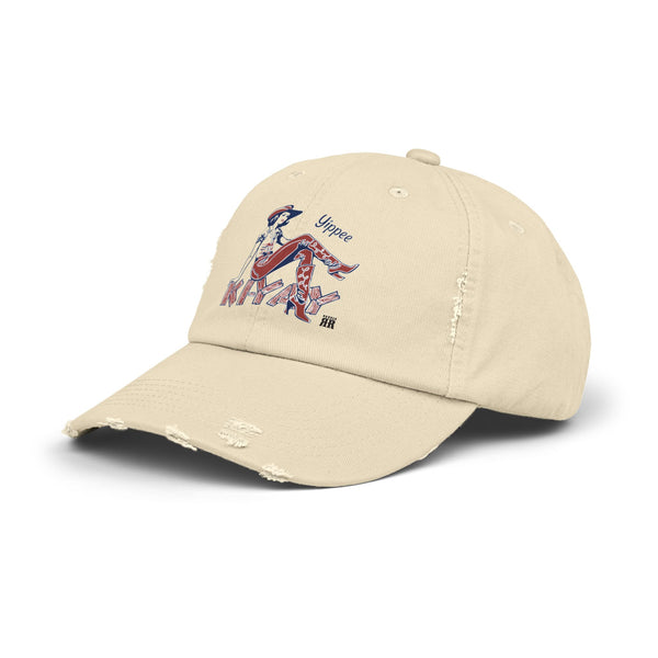 Yippie Ki-Yay Western Wear Distressed Dad Hat in Stone, side view