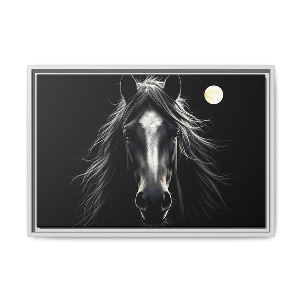 Framed canvas wall art of a black horse with full moon, light gray frame