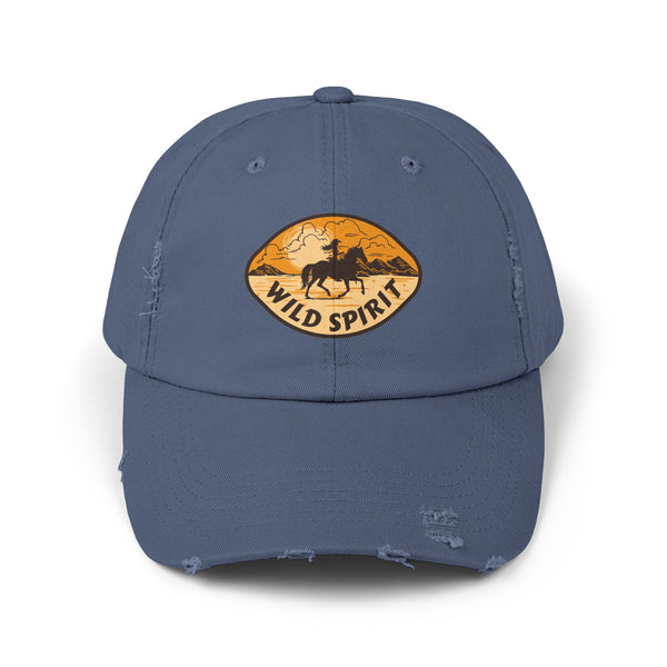 Double R Western Wild Spirit Women’s Western Wear Distressed Dad Hat, front view, Scotland Blue