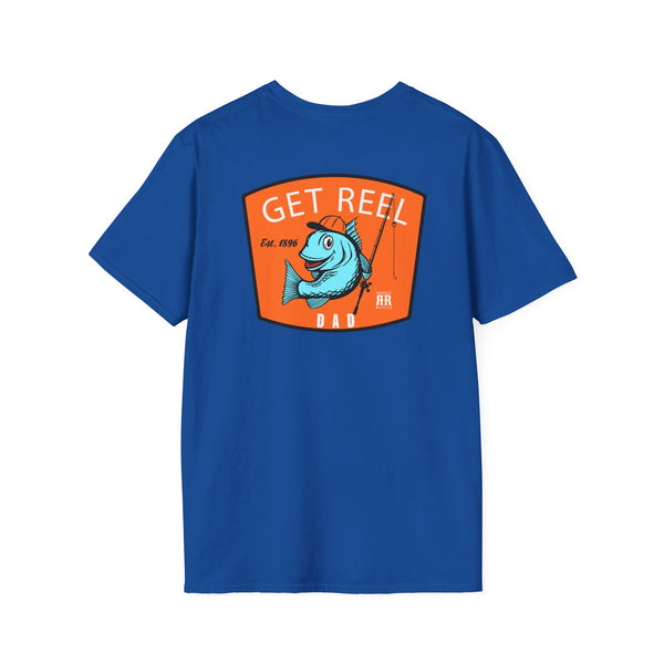 Blue western graphic T-shirt with “GET REEL DAD” front print