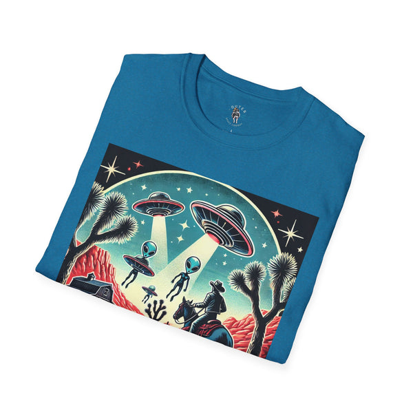Teal western t-shirt with full desert UFO graphic and cowboy scene