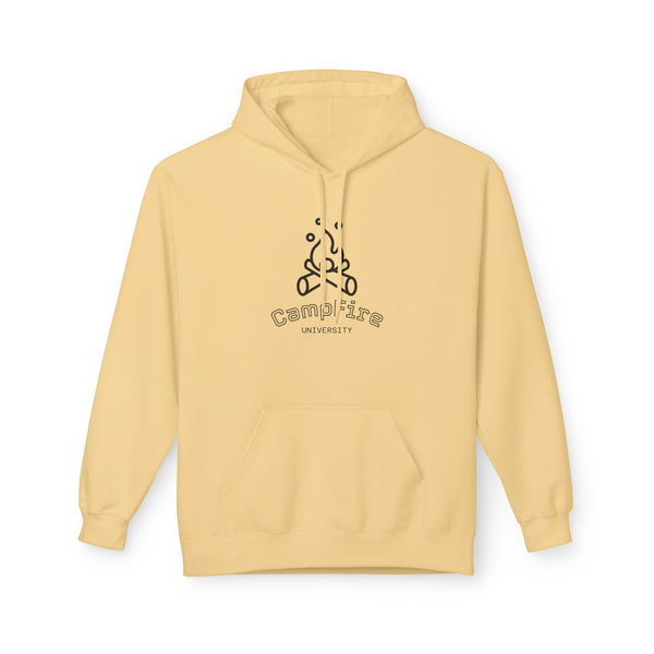 Tan hoodie with front Campfire University logo and kangaroo pocket
