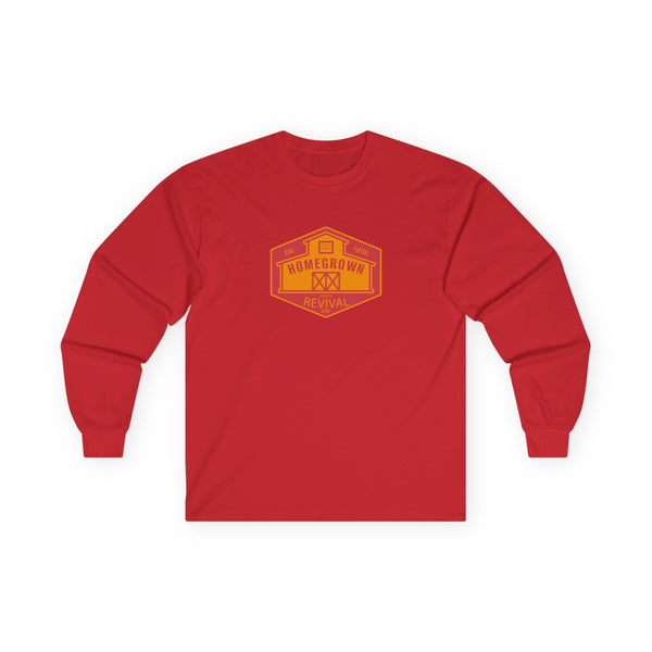 Red long sleeve western t-shirt with orange 'Homegrown Revival' chest graphic