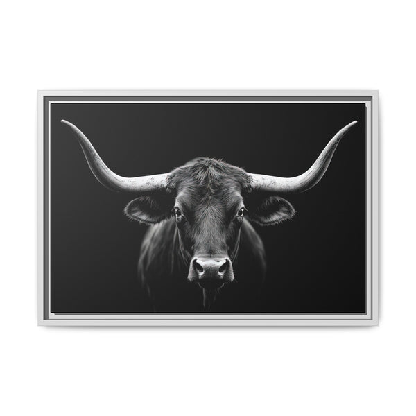 Framed western canvas art featuring a monochrome bucking bull head on black, silver frame