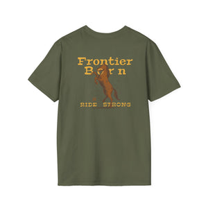Double R Western Frontier Born Ride Strong tee, military green, back view, rearing horse western graphic