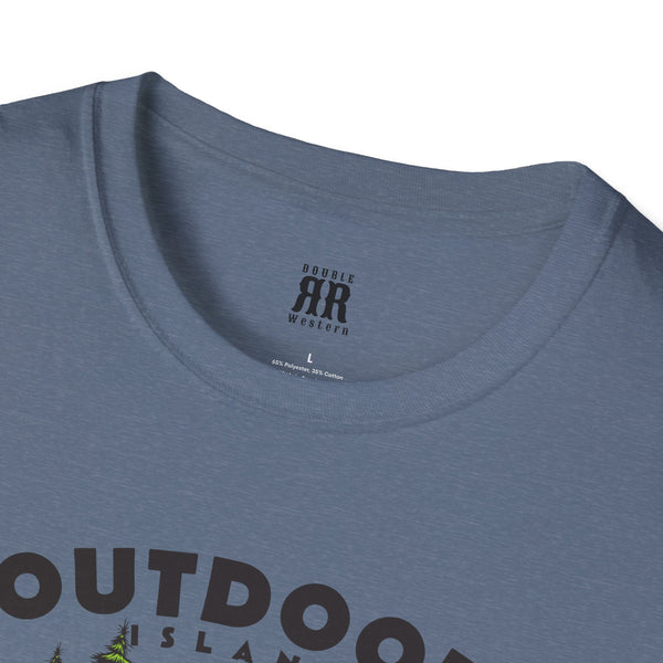 Slate-blue T-shirt with crew neckline and small RR Western logo at the collar