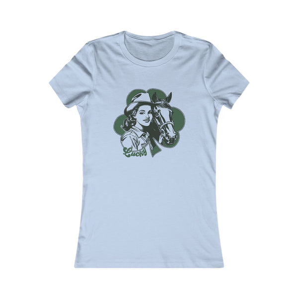Western graphic t-shirt, light blue crew neck, cowgirl and horse front print