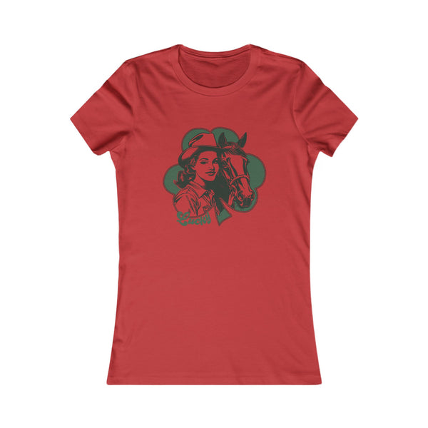 Western graphic t-shirt, red crew neck, cowgirl and horse front print