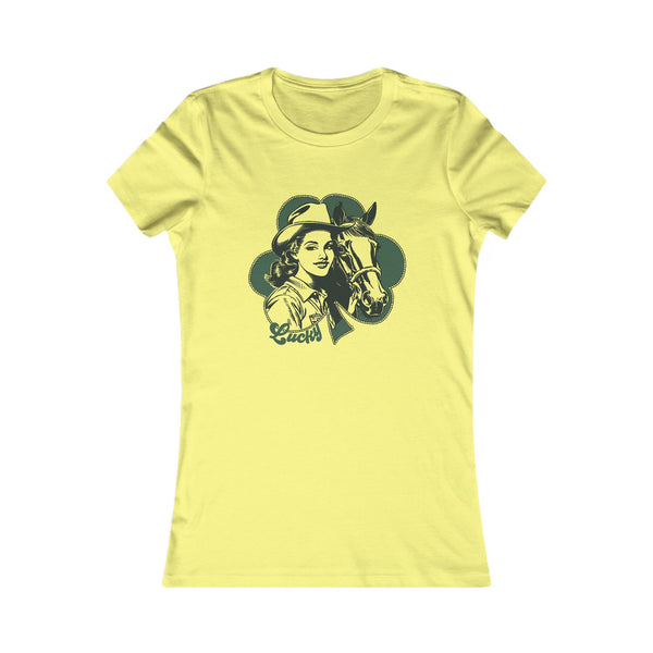 Western graphic t-shirt, yellow crew neck, cowgirl and horse front print