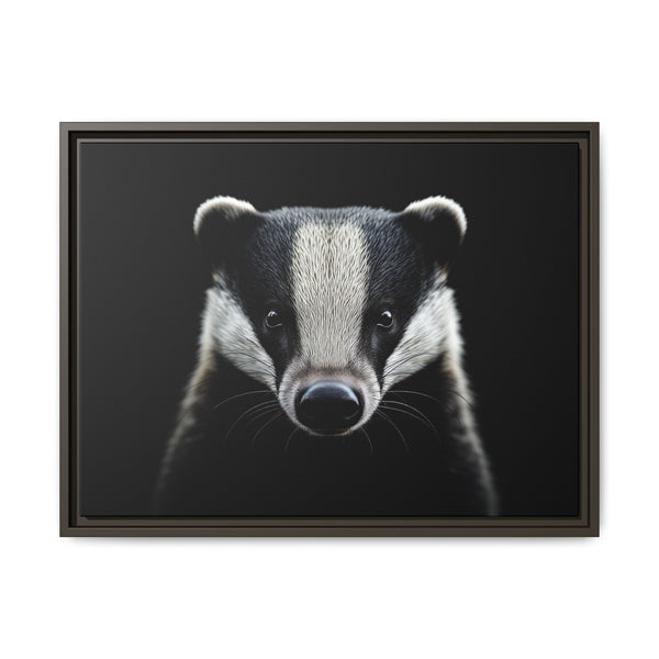 Framed badger canvas wall art with black and white portrait, dark frame