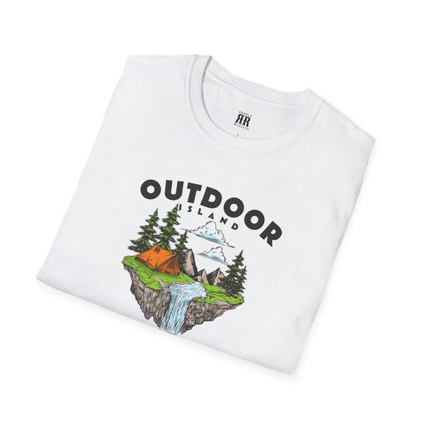 Outdoor comfort tee with “OUTDOOR ISLAND” graphic, white crew neck