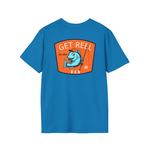Royal blue western graphic T-shirt with “GET REEL DAD” front print