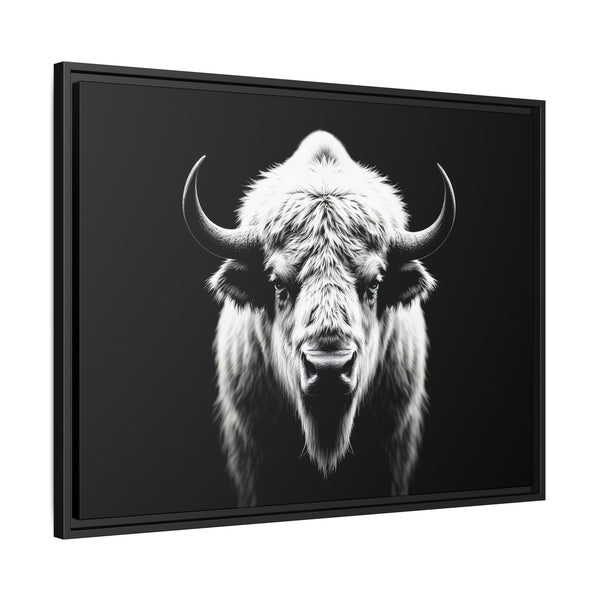 Framed bison head wall art with white-and-black portrait on dark background