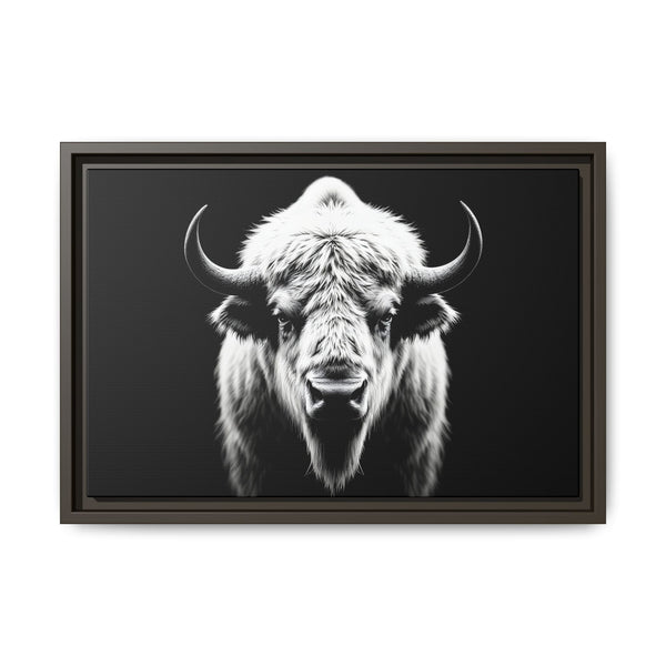 Framed bison portrait wall art with white-and-black fur, dark frame