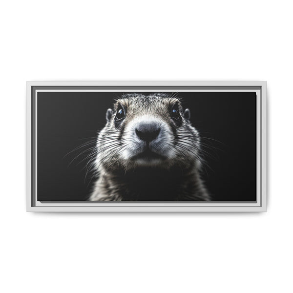Gray framed canvas art featuring a close-up black-and-white prairie dog face
