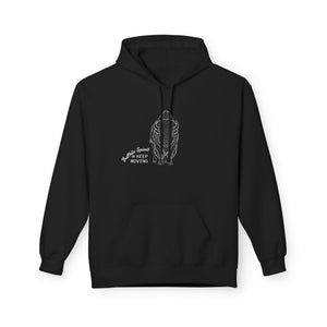Dark heather hoodie with front chest graphic and “Keep Moving” text, pullover hood