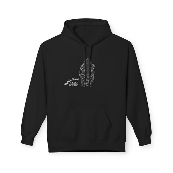 Dark heather hoodie with front chest graphic and “Keep Moving” text, pullover hood