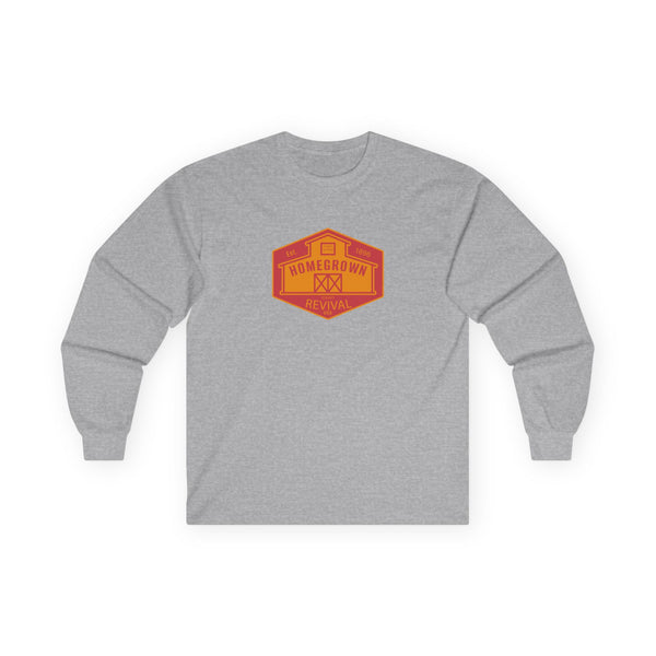 Gray long sleeve western t-shirt with orange 'Homegrown Revival' chest graphic