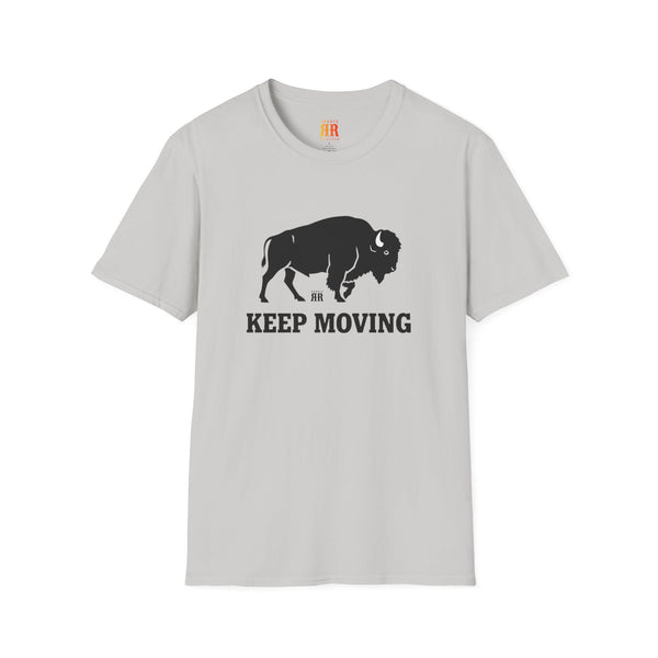 White crew-neck Western t-shirt with black bison and “KEEP MOVING” graphic