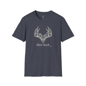 Heather navy western graphic T-shirt with white antler logo and chest text