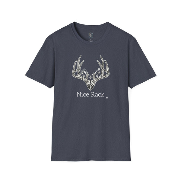 Heather navy western graphic T-shirt with white antler logo and chest text