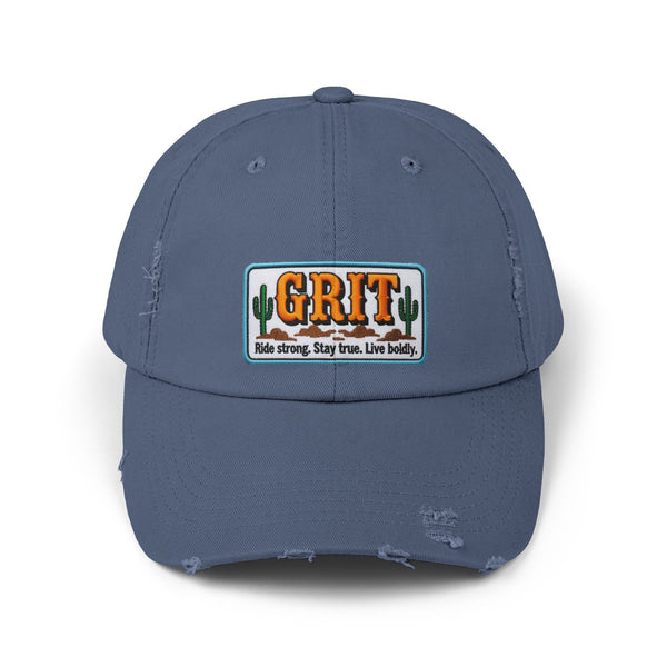 Scotland blue distressed baseball cap with front cactus patch logo.