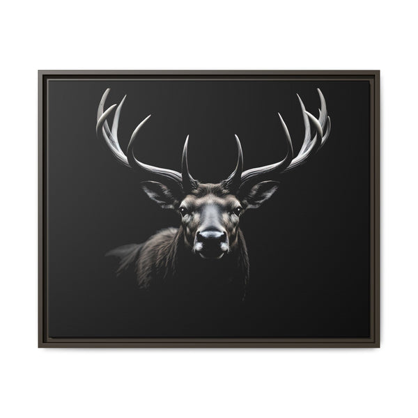 Framed elk head western canvas wall art with long antlers, dark brown frame, dark background.