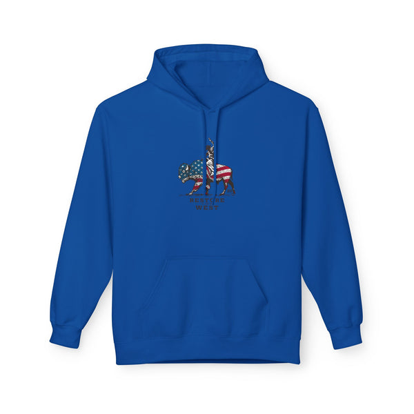 Royal blue western wear hoodie with front pocket and hood, small chest logo