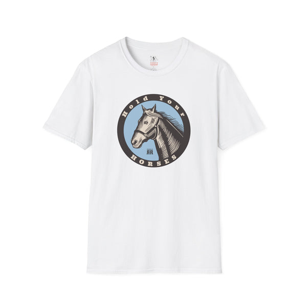 White women’s western T-shirt with round horse emblem graphic on the front