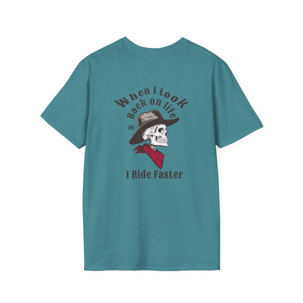 Teal crew-neck graphic T-shirt with back skull hat and “I Ride Faster” text
