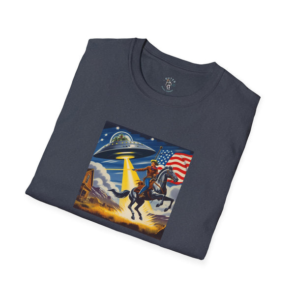 Dark heather T-shirt with cosmic cowboy graphic, UFO and American flag on front