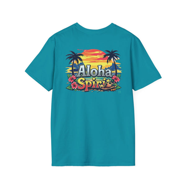 Teal men’s T-shirt with Aloha Spirit tropical graphic on the front