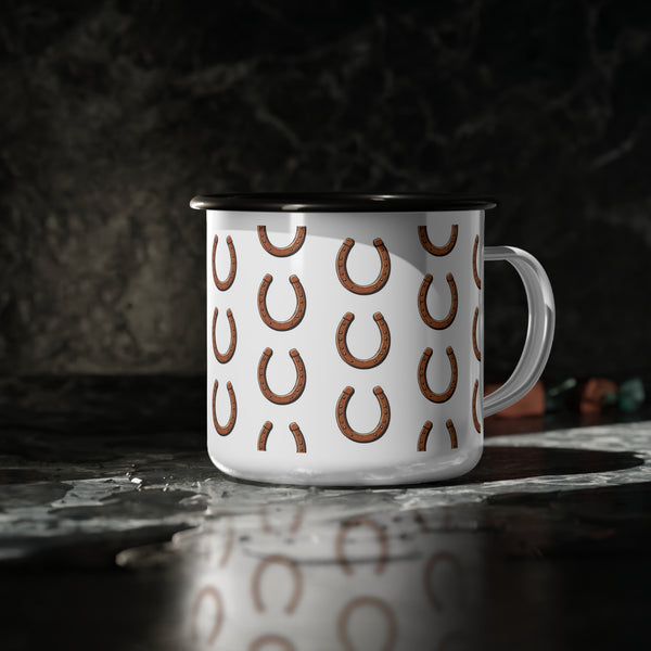 Enamel camp mug with black rim and brown horseshoe pattern, white body and handle