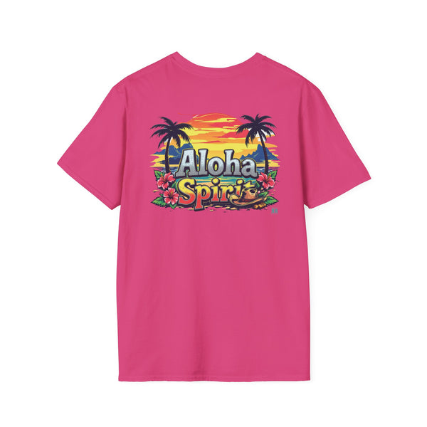 Men's pink T-shirt with large front Aloha Spirit graphic and crew neckline