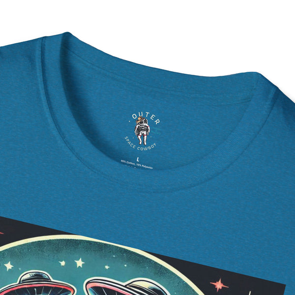 Teal crew-neck t-shirt with small chest logo and UFO desert print