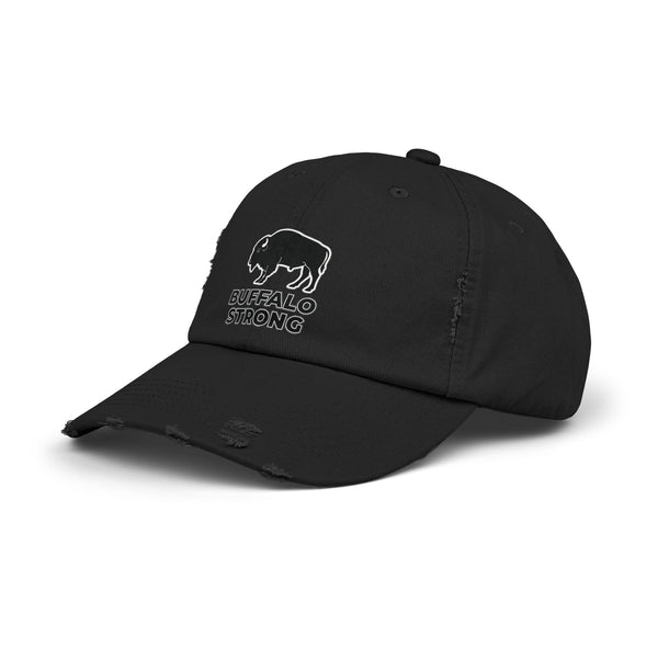 Distressed black Buffalo Strong dad hat with front buffalo patch logo
