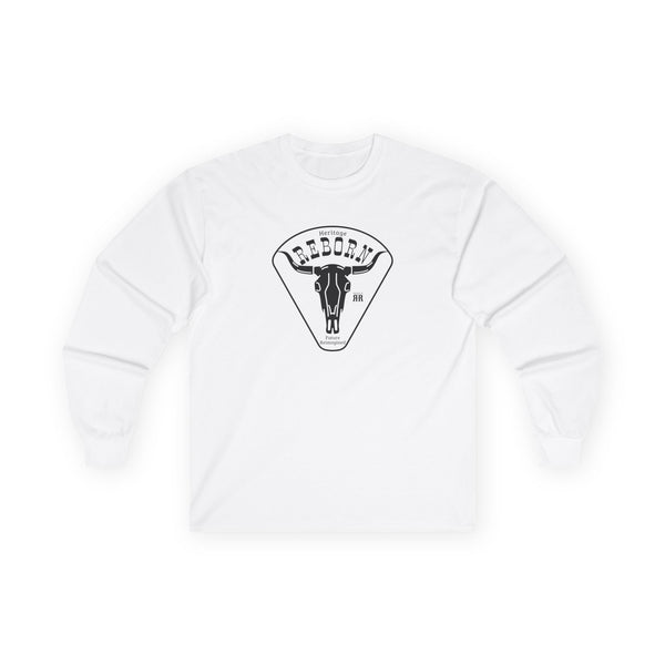 White long-sleeve T-shirt with chest graphic print.