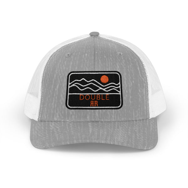Heather gray trucker hat with white mesh panels and front Double HR patch with orange dot
