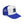Trucker hat angled view: white front panel, blue mesh sides, blue brim, bison logo