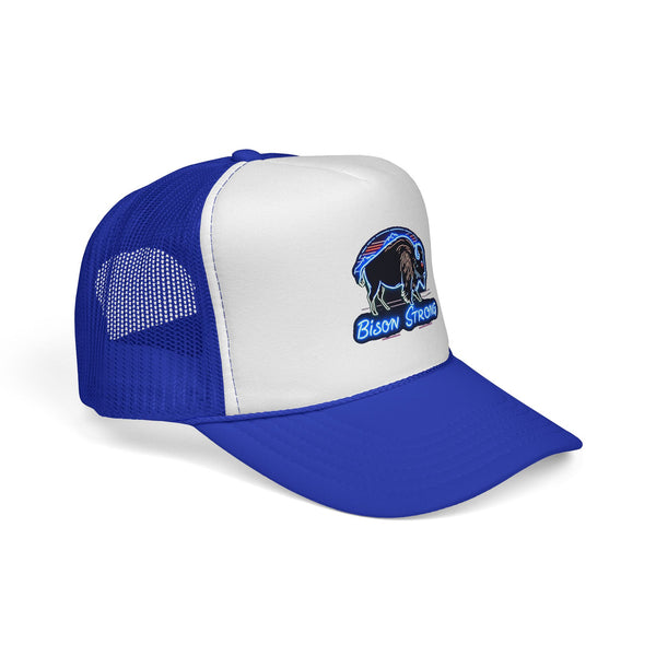 Trucker hat angled view: white front panel, blue mesh sides, blue brim, bison logo