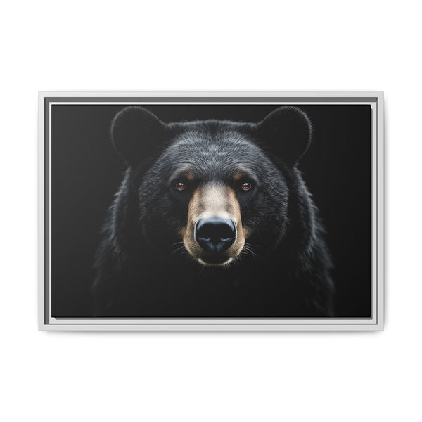 Framed bear canvas art with close-up bear face, light gray frame, dark background