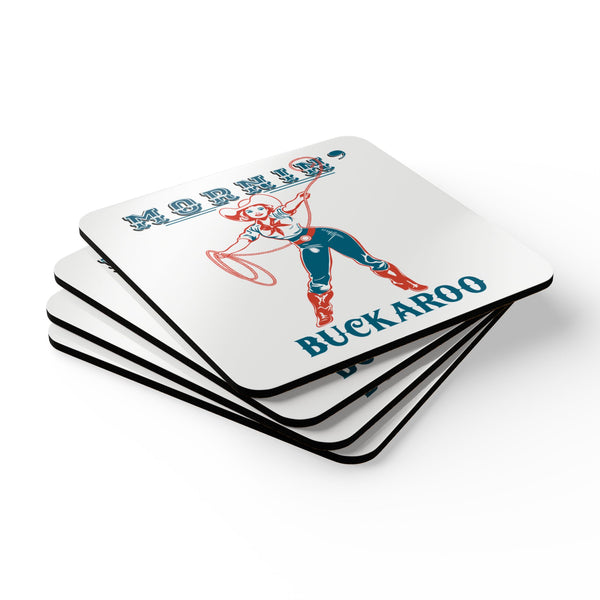 Stack of square cork coasters with cowgirl “BUCKAROO” design