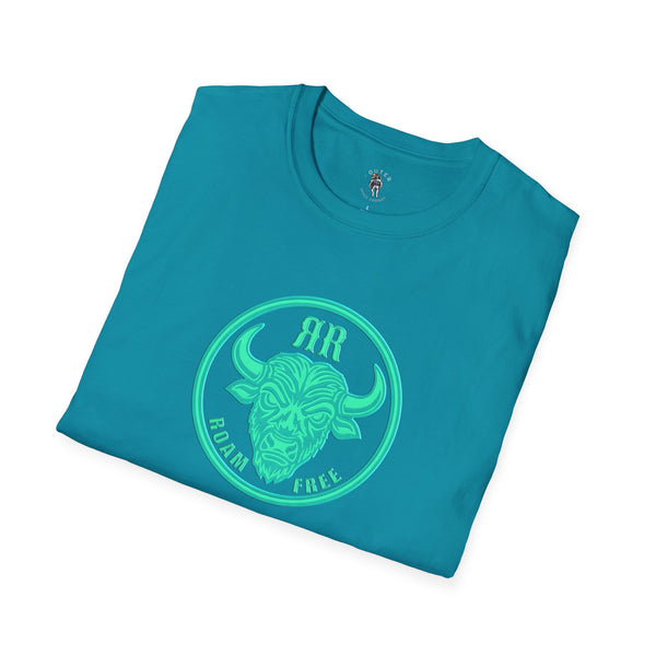 Roam Free Western Wear Bison Badge Tee in Tropical Blue, folded view
