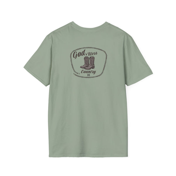 Sage green heavy cotton T-shirt with “God Bless Country” circular chest graphic