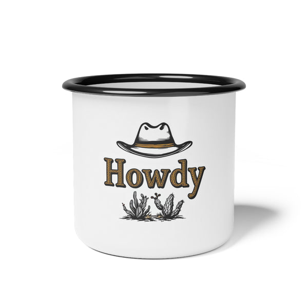 Enamel camp mug with black rim and Western cowboy hat 'Howdy' graphic
