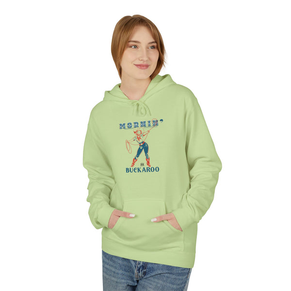 Pistachio green women’s western hoodie worn, hood and front pocket, western graphic front
